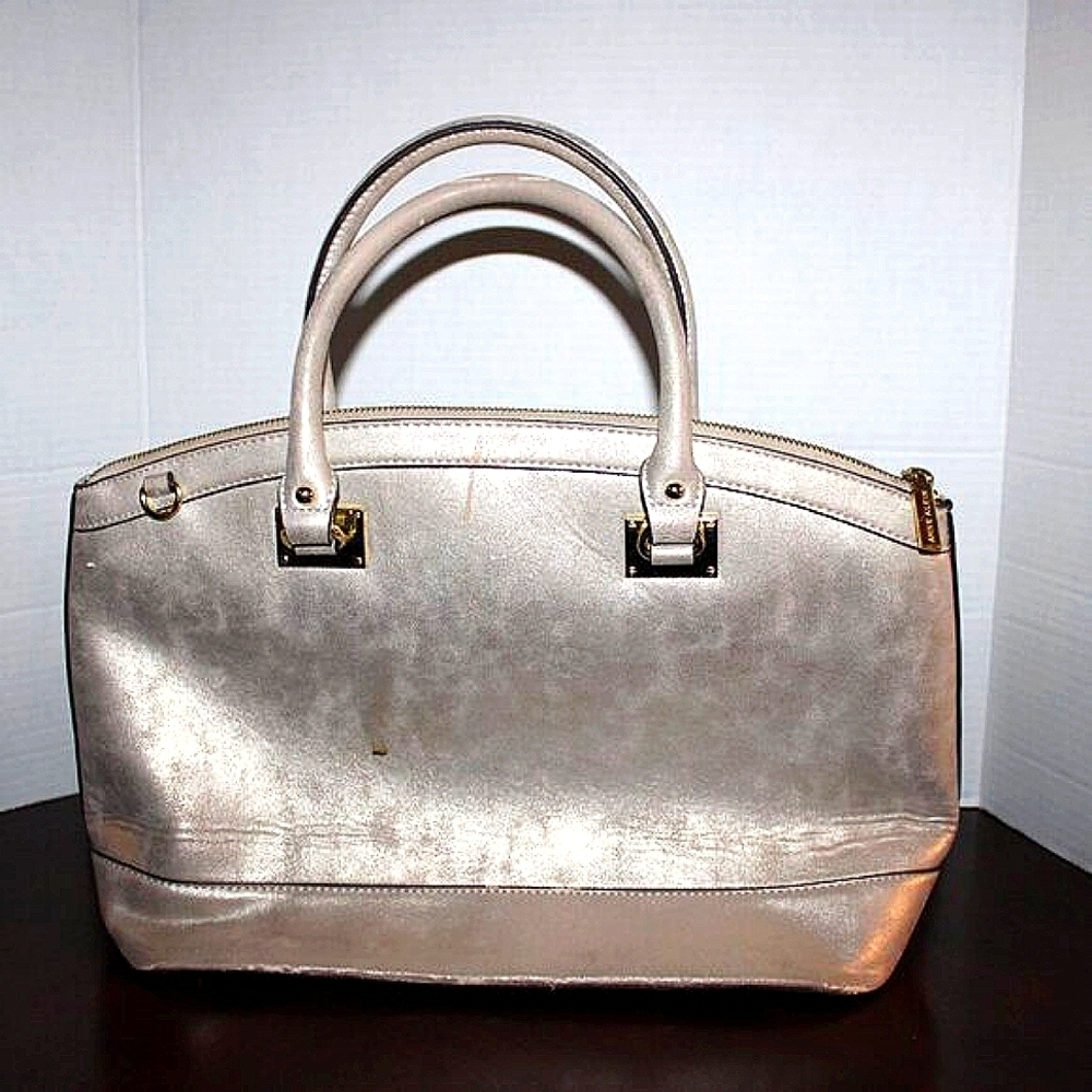 Anne Klein Metallic Satchel Handbag - Silver/Gray - Polka Dot Lining - Lion Logo - Picture 8 of 12